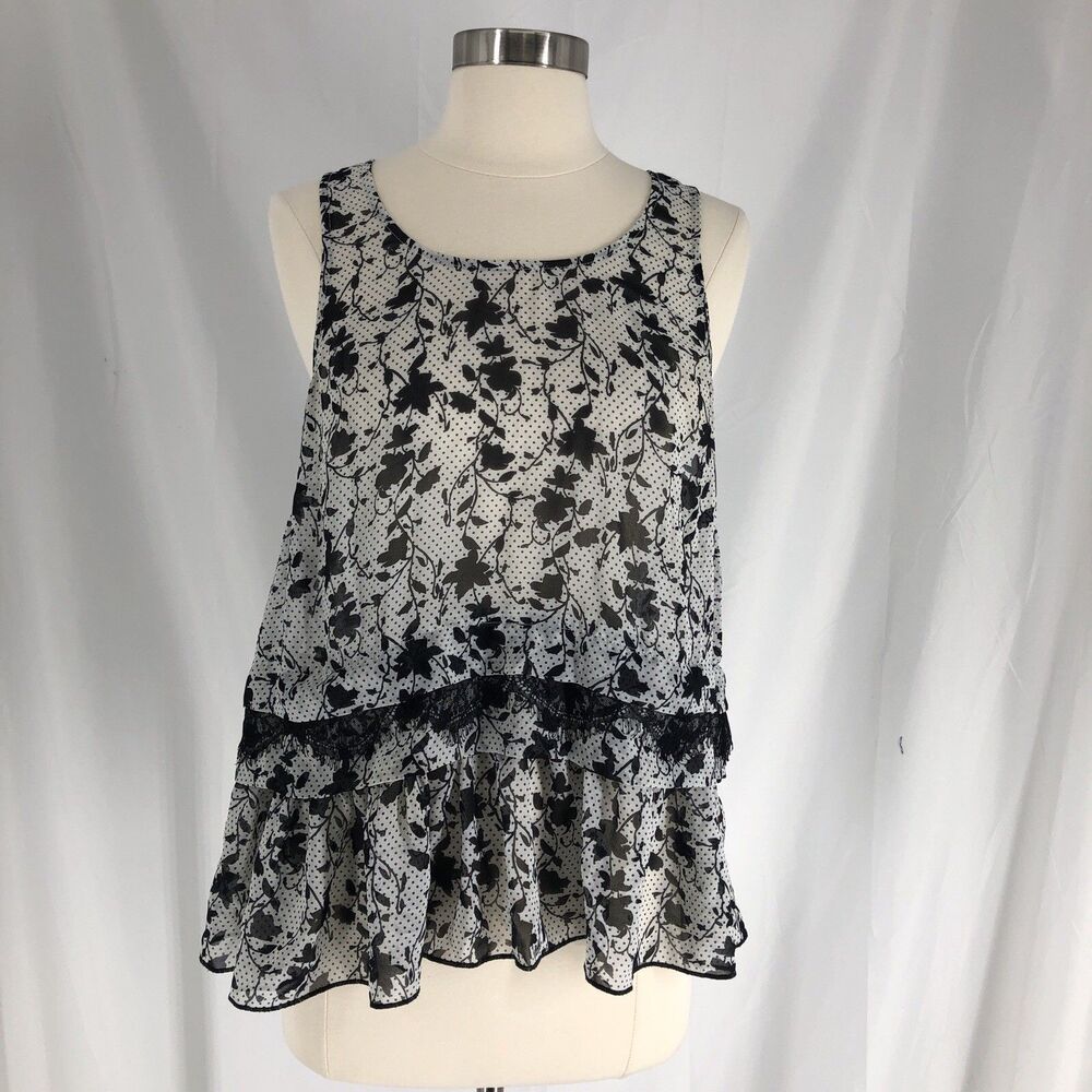 Cabi #5907 White Black Floral Layered Lace Trim Everything Blouse Small S